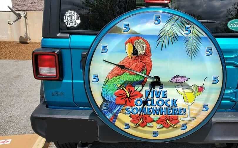 A Custom Boomerang spare tire cover, in tribute to the late Jimmy Buffet.