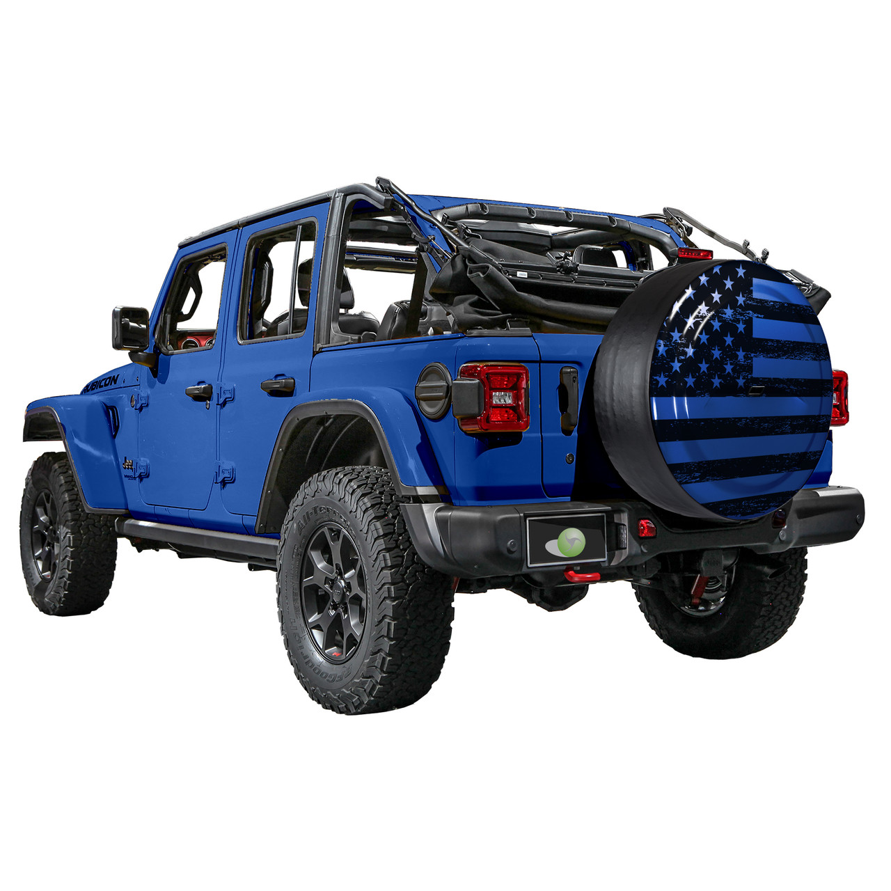 blue Jeep with a spare tire cover featuring an American flag design