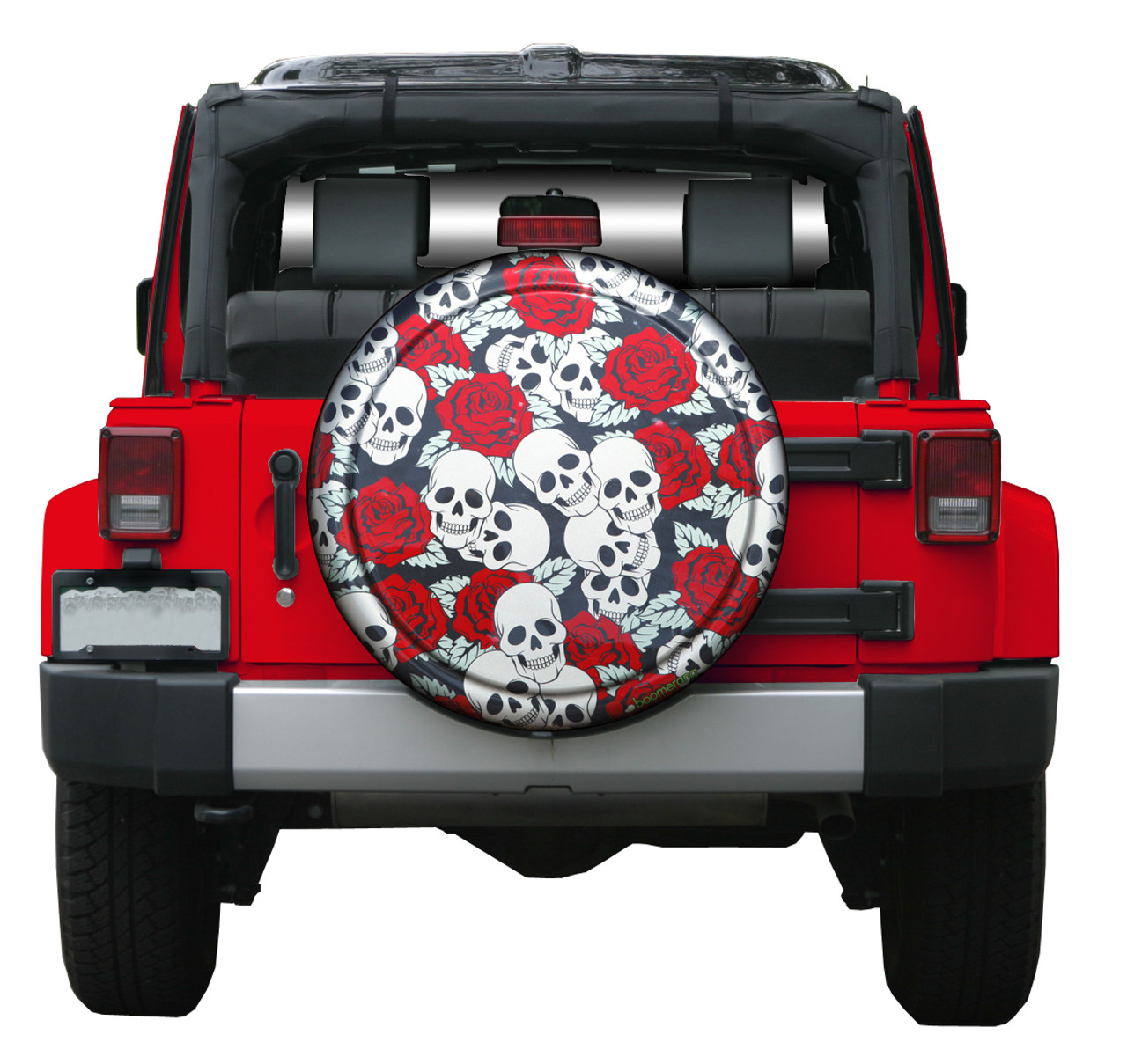 red Jeep with a spare tire cover featuring a skull and red rose design